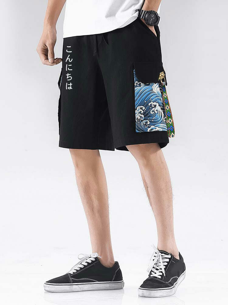 Mens Japanese Wave Print Flap Pocket Drawstring Waist Cargo Shorts