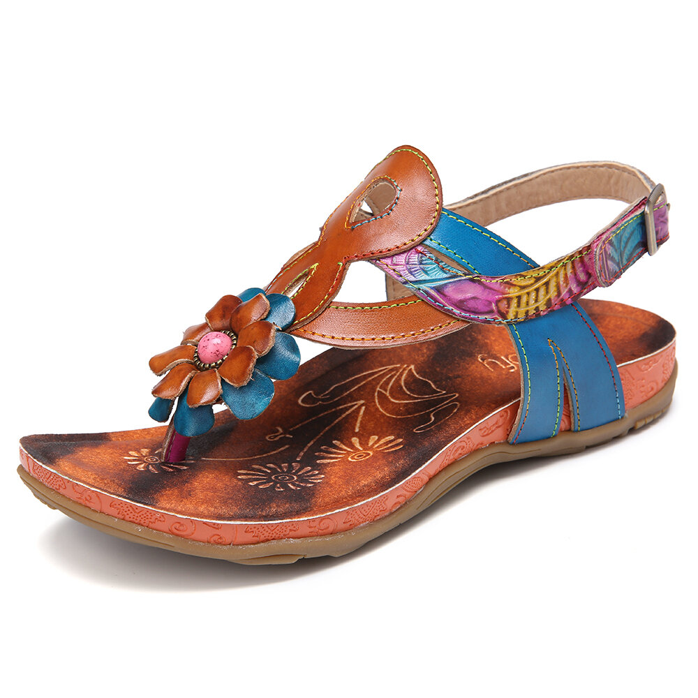 

SOCOFY Handmade Leather Beaded Floral Adjustable Slingback Flat Thongs Sandals Flip Flops, Camel