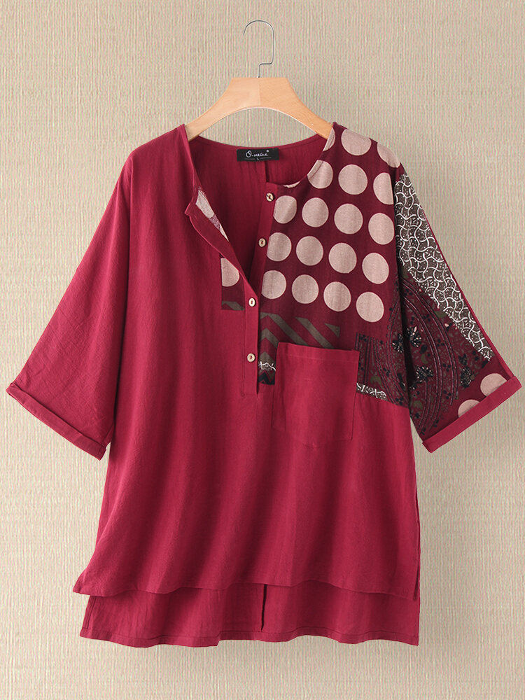 Blusa vintage con estampado de patchwork dividida irregular Plus talla