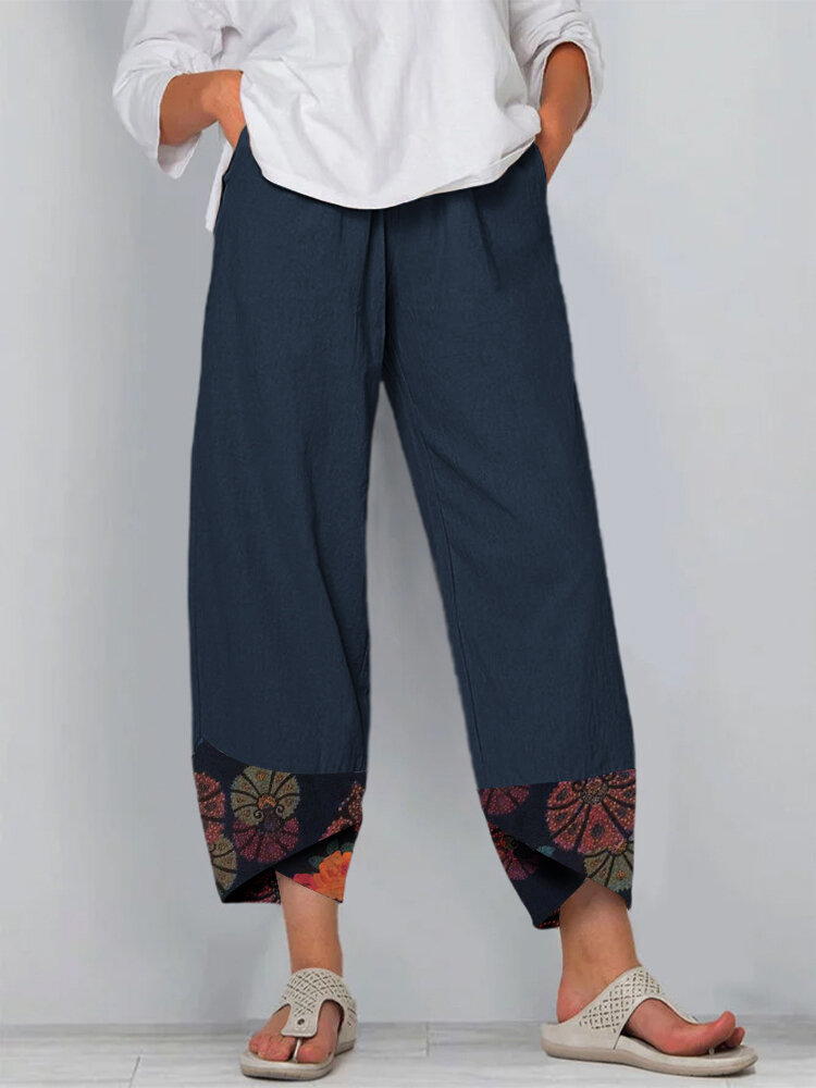 Floral Printed Patchwork Elastic Waist Pants For Women