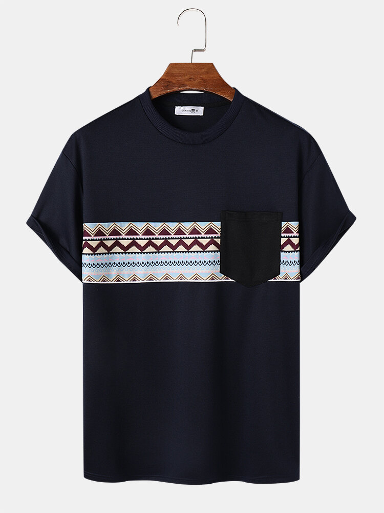 Uomo Chevron Modello Stitching Crew Collo T-shirt a maniche corte etniche