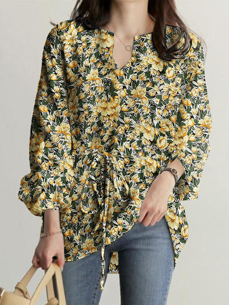 Блузка с пышными рукавами и завязками на талии с цветочным принтом по всей поверхности