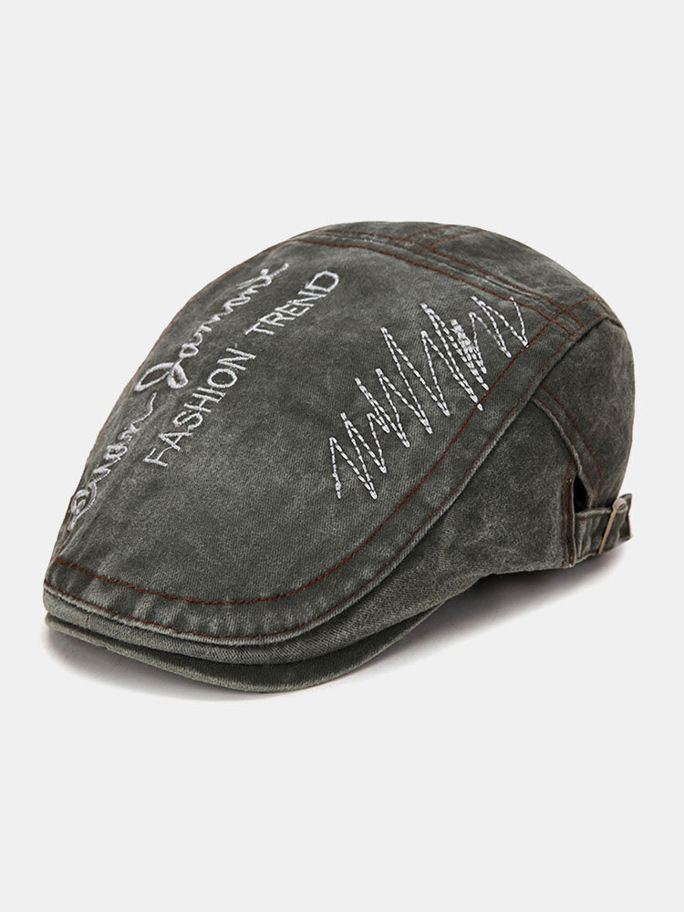 Men Distressed Washed Cotton Letter Embroidery Outdoor Casual Beret Flat Cap