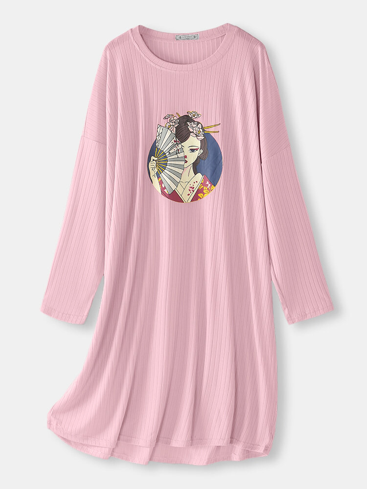 Plus Size Women Ribbed National Style Graphic Print Long Sleeve Nightdress Pajamas