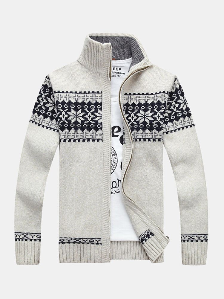 Mens Tribal Style Zipper Stand Collar Casual Knitted Sweater Cardigan