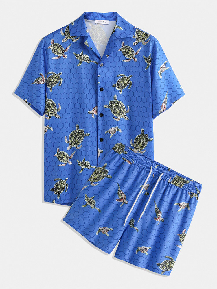 Men Plus Size Sea Turtle Print Outfits Two Pieces Sets Ocean Beach Clothing Loungewear