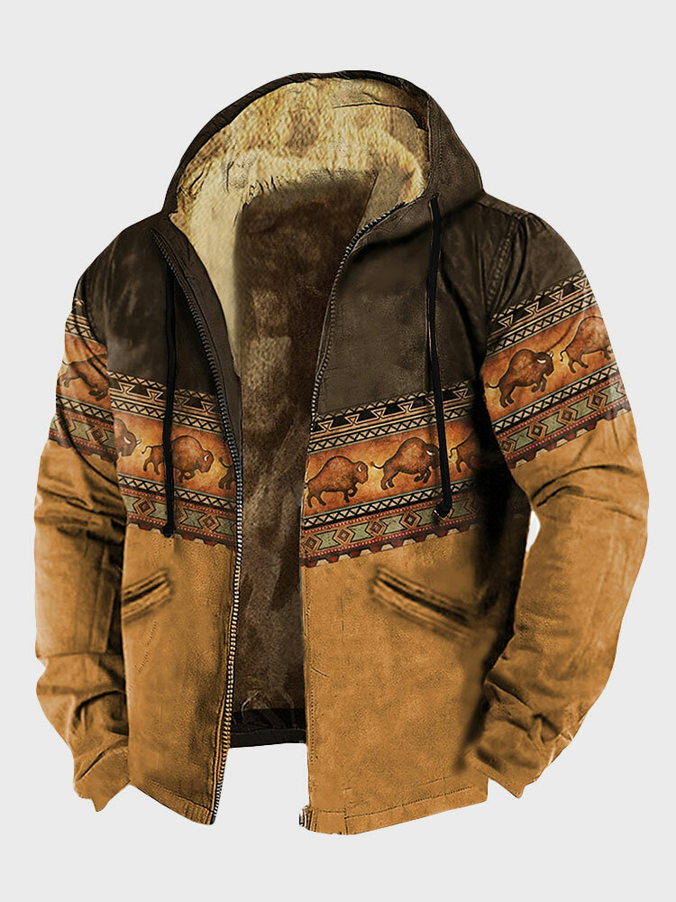 Mens Ethnic Geometric Animal Print Patchwork Fleece Lined Hooded Jacket Winter