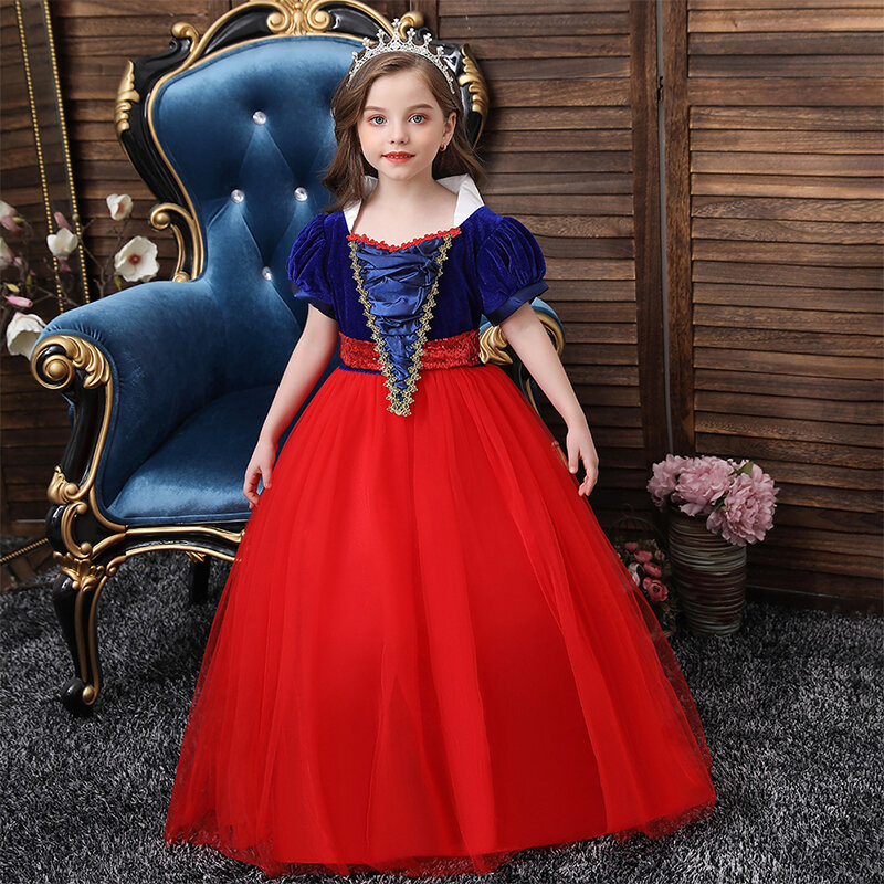 

Girl's Contrast Color Lace Gauze Snow White Princess Casual Dress for 6-13Y, Yellow;red;dark blue