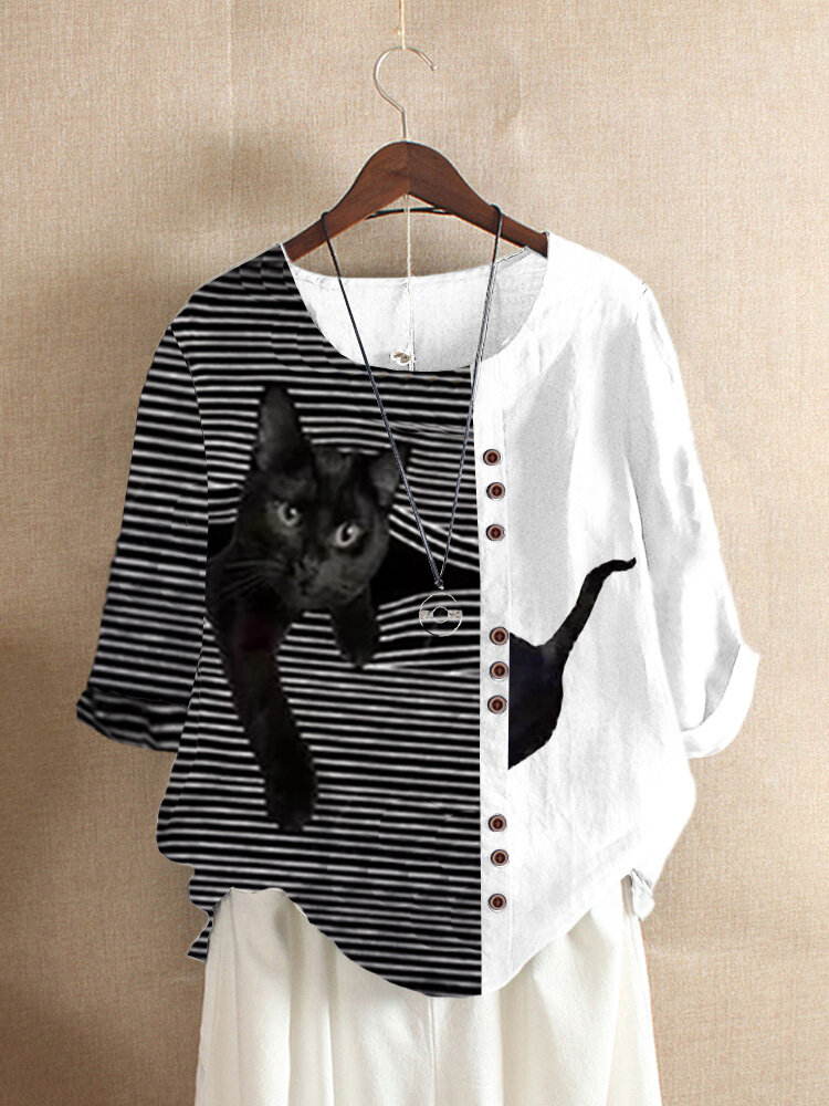 Black Cat Patched Print Long Sleeve O-neck White Striped T-Shirt