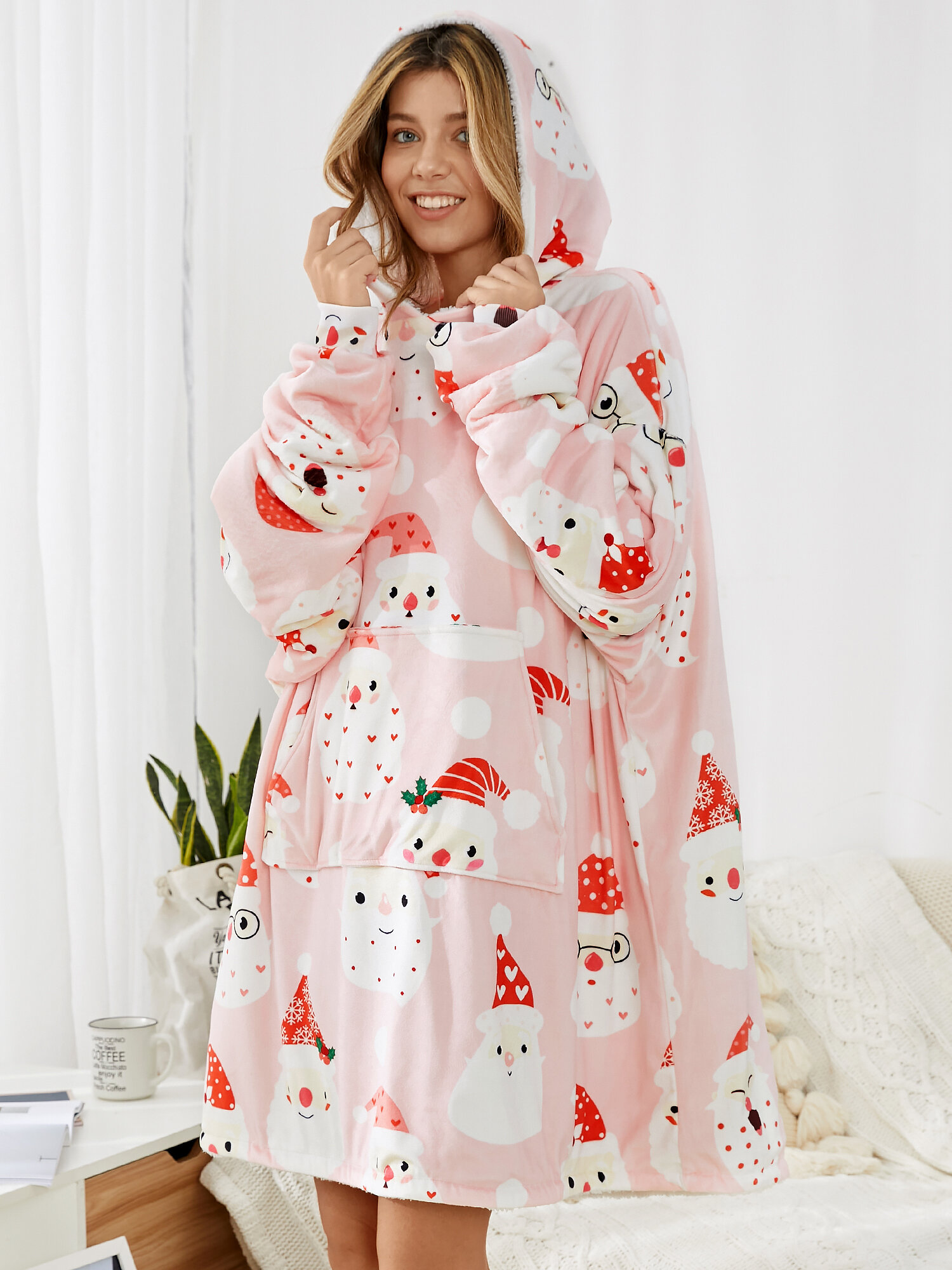 

Women Christmas Snowman Print Sherpa Oversized Blanket Hoodie Thickened Double Plush Robe With Front Large Pocket, Pink