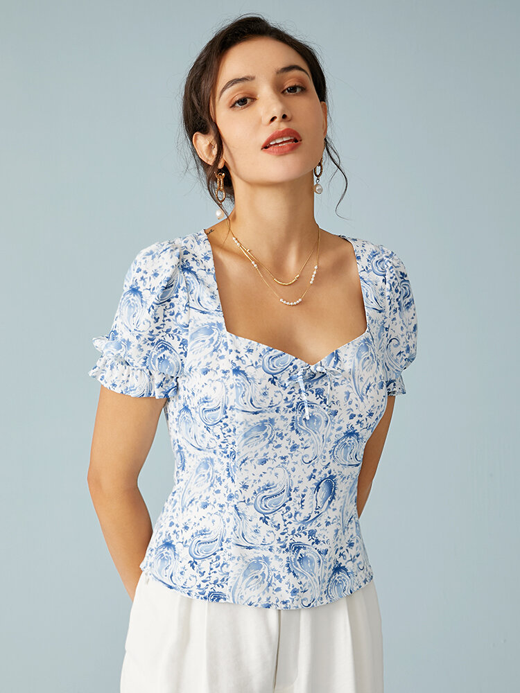 Синяя элегантная блузка с квадратным воротником и короткими рукавами с цветочным принтом Пейсли