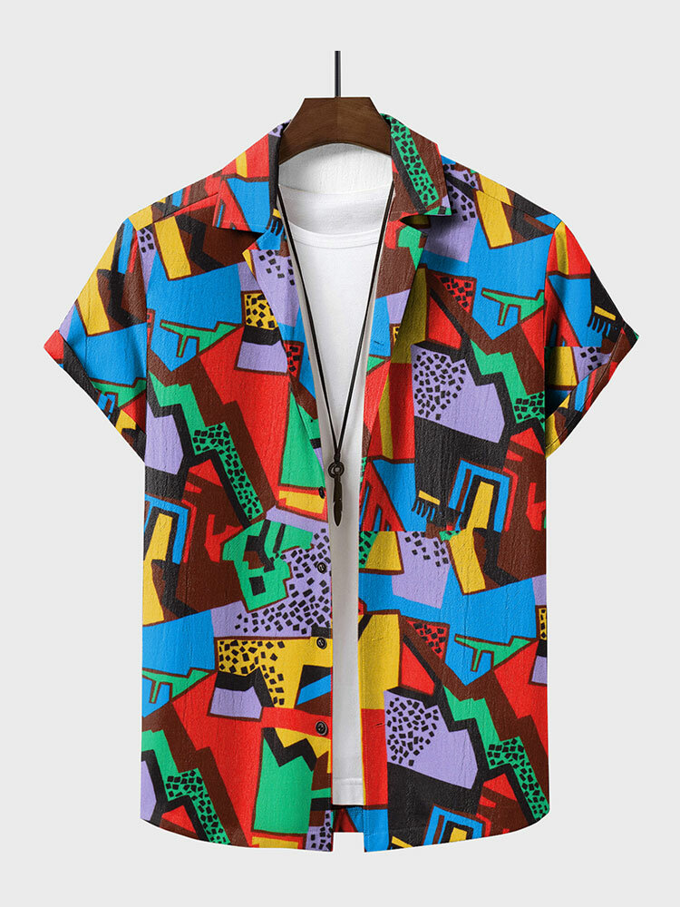 Mens Colorful Geometric Print Revere Collar Short Sleeve Shirts