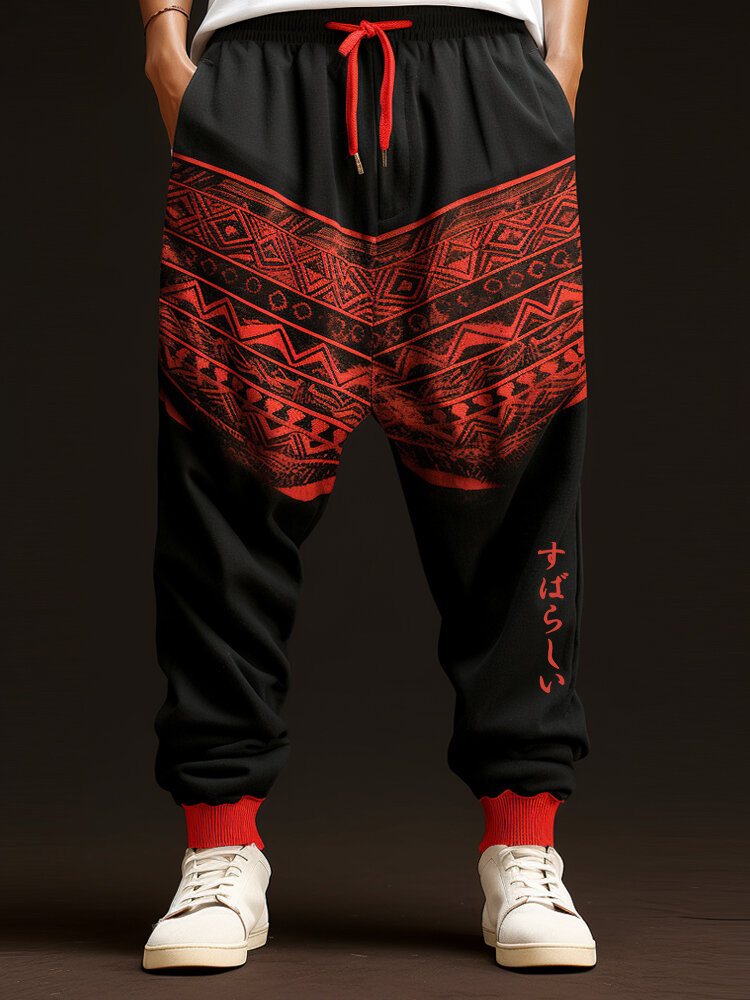 Masculino japonês estampa geométrica contraste patchwork cintura com cordão Calças inverno