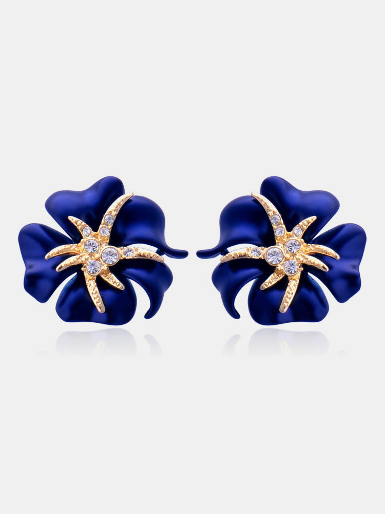 Elegant Brilliant Blue Red Blooming Flowers Golden Rhinestones Stud Earrings Gift for Best Friends