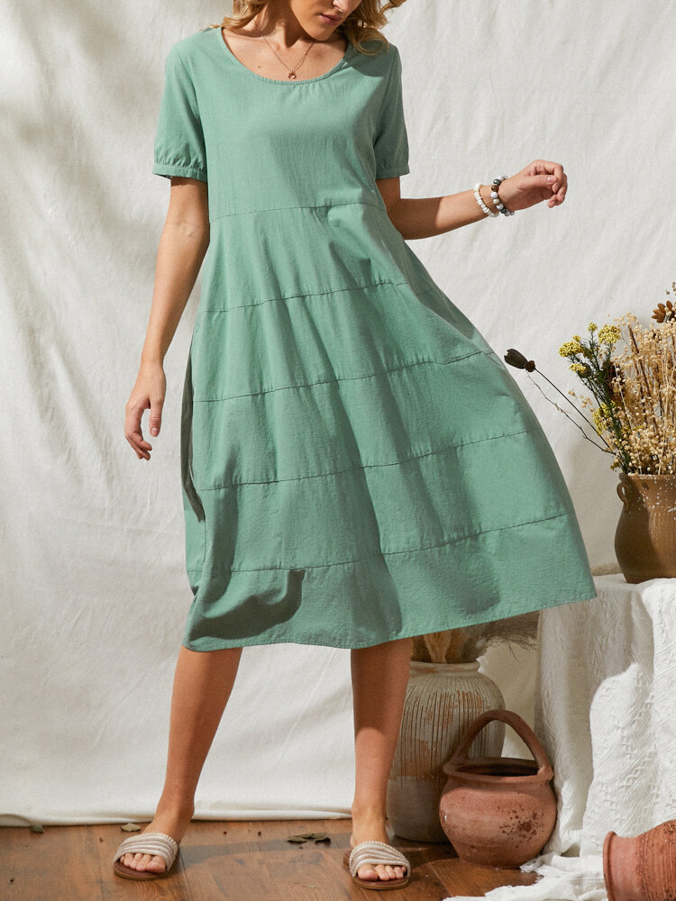 Solid Color O-neck Short Sleeve Casual Dress with Pockets