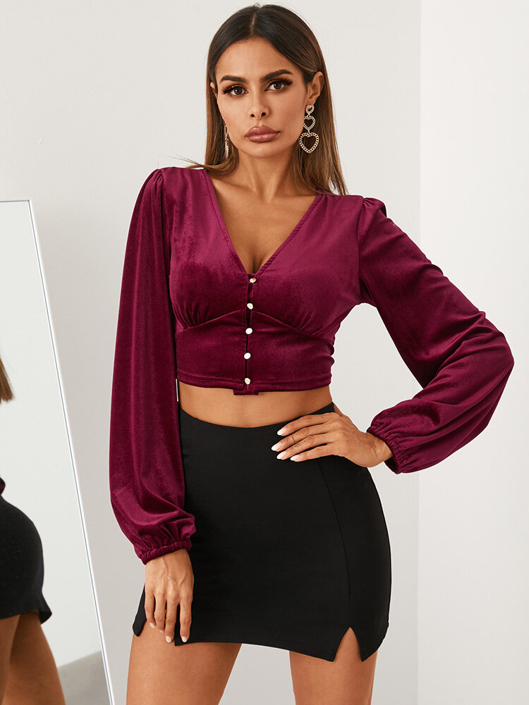 Solid Velvet Button V-neck Long Sleeve Crop Top от Newchic WW