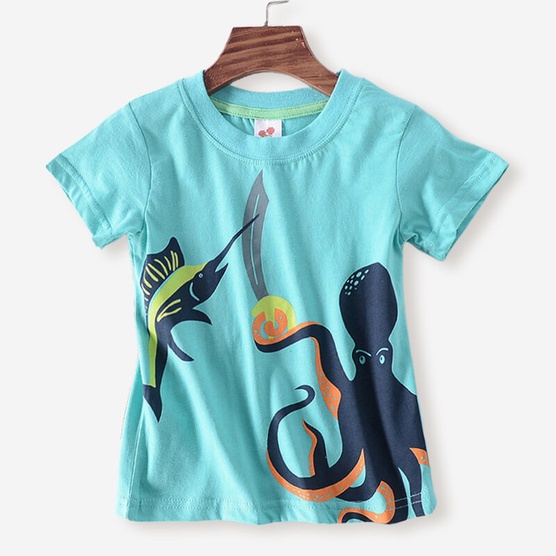 Boy's Octopus Ships Cartoon Print Short Sleeves Casual T-shirt For 3-12Y