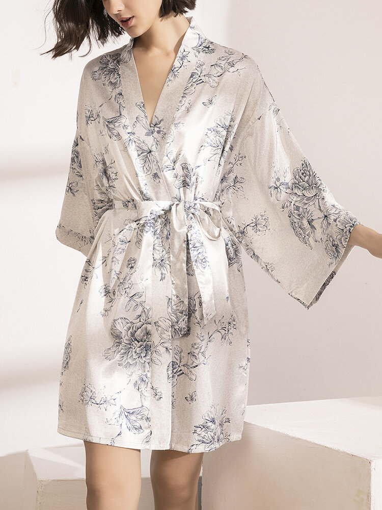 Women Floral Print Faux Silk V-Neck Belt Long Sleeves Robes Sleepwear