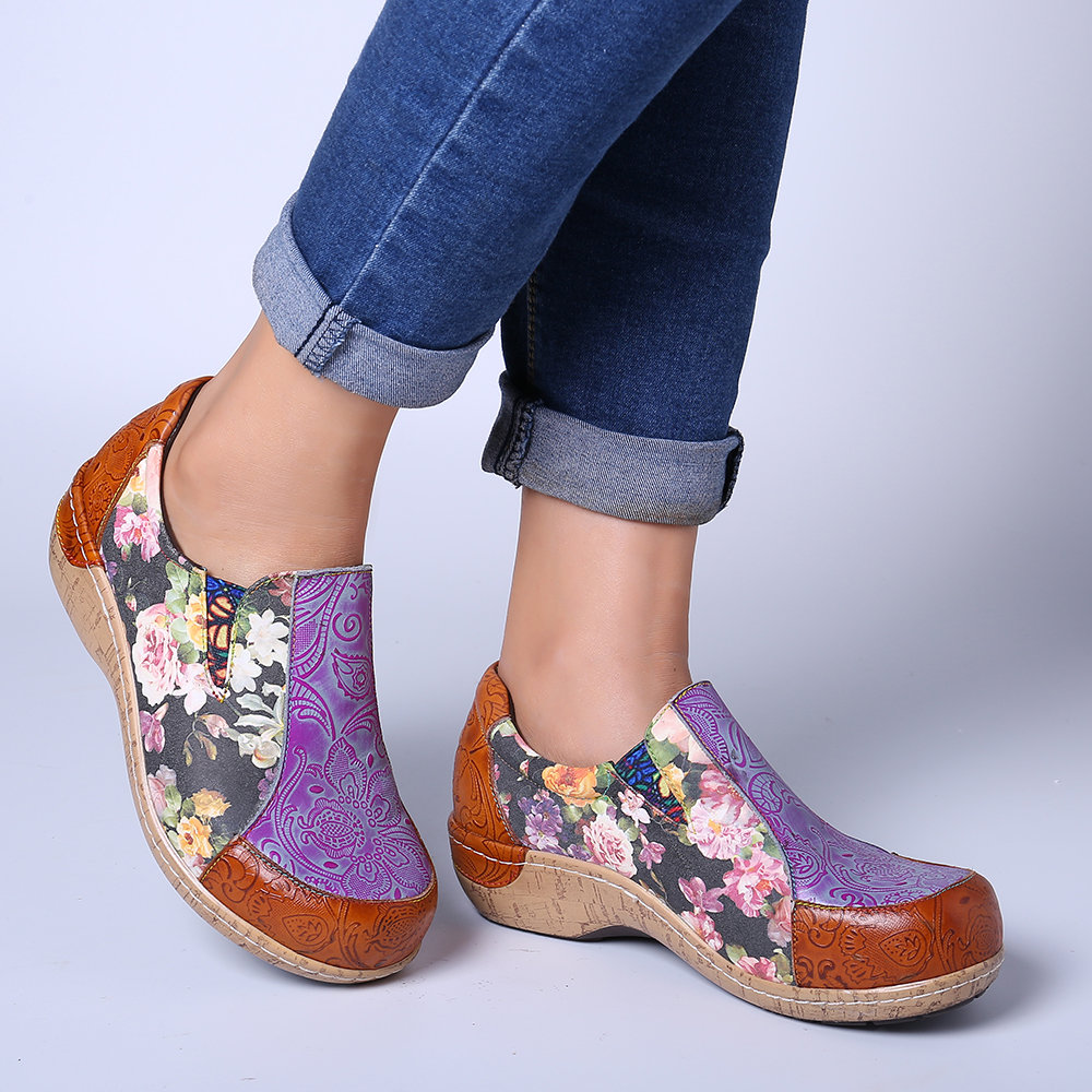 SOCOFY Retro Veins Splicing Bloom Flowers Stitching Comfortable Slip On Leather Flat Shoes