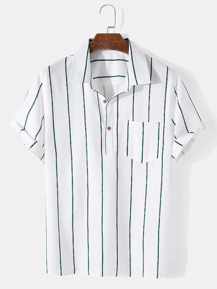 Mens Stripe Print Casual Short Sleeve White Henley Shirt With Pocket