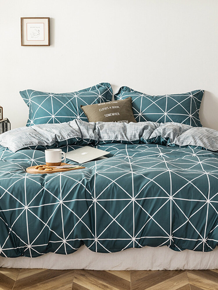 

3/4 Pcs Square Geometric Pattern AB Sided Aloe Cotton Bedding Set Comfortable Fabrics Sheet Duvet Cover Pillowcase