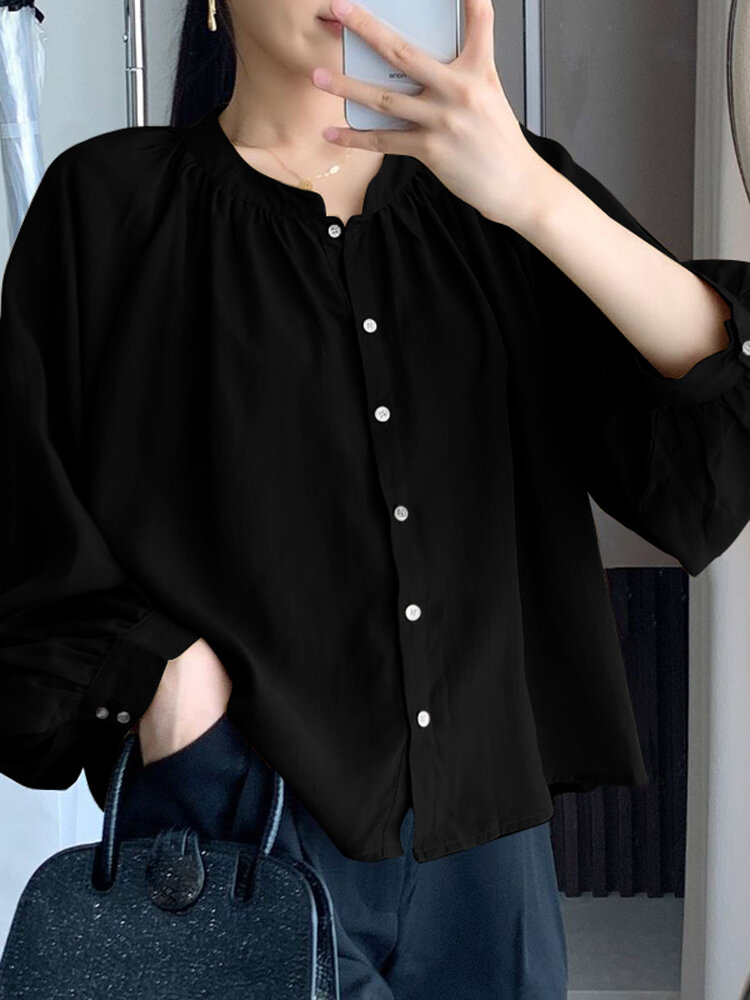 Women Solid Casual Crew Neck Button Front Blouse