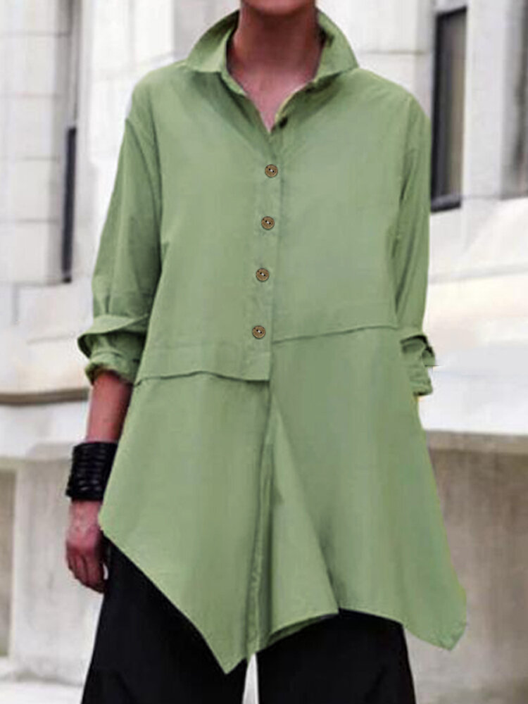 Solid Color Button Asymmetrical Hem Plus Size Shirt for Women
