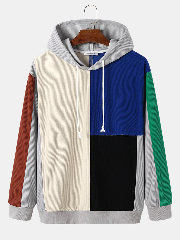 Mens Color Block Patchwork Corduroy Casual Drawstring Hoodies With Pocket