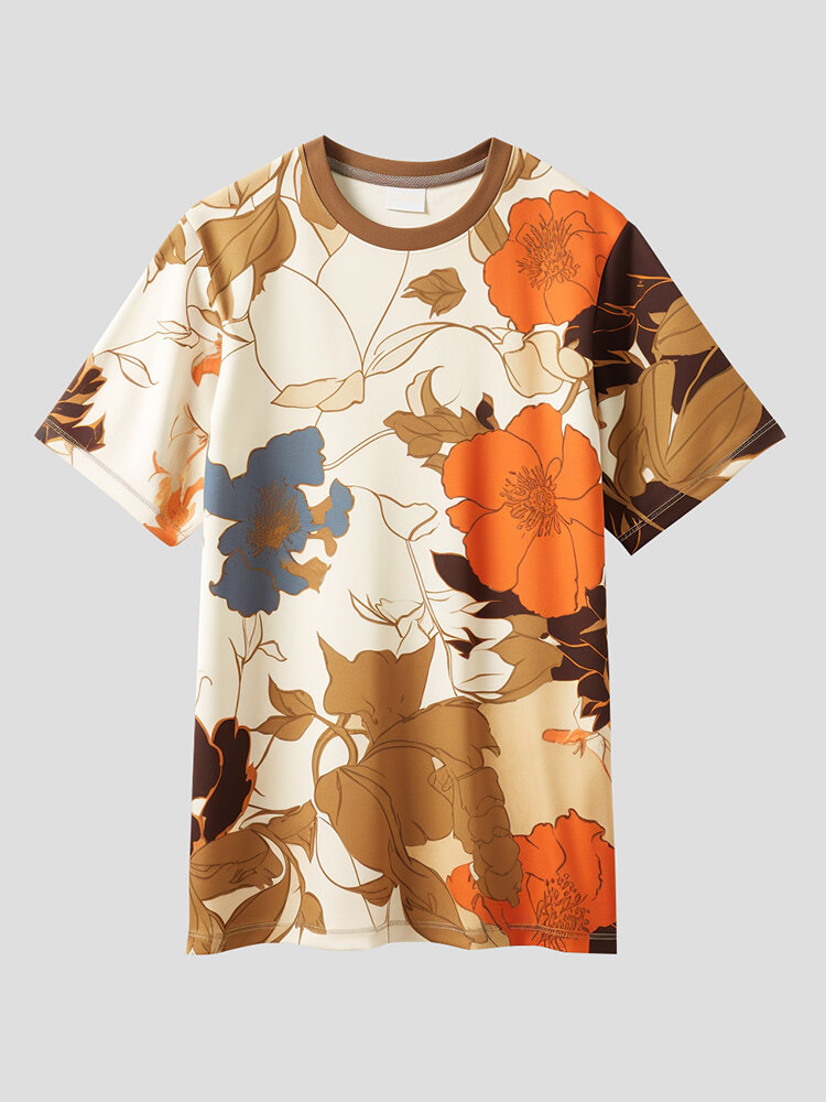 

Mens Floral Plant Print Hawaiian Vacation Short Sleeve T-Shirts, Apricot