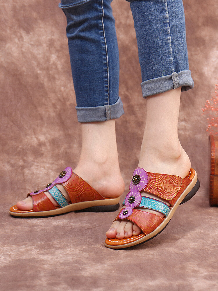 Socofy Retro Bohemian Floral Print Genuine Leather Comfy Hook Loop Sling Back Flat Slides Sandals