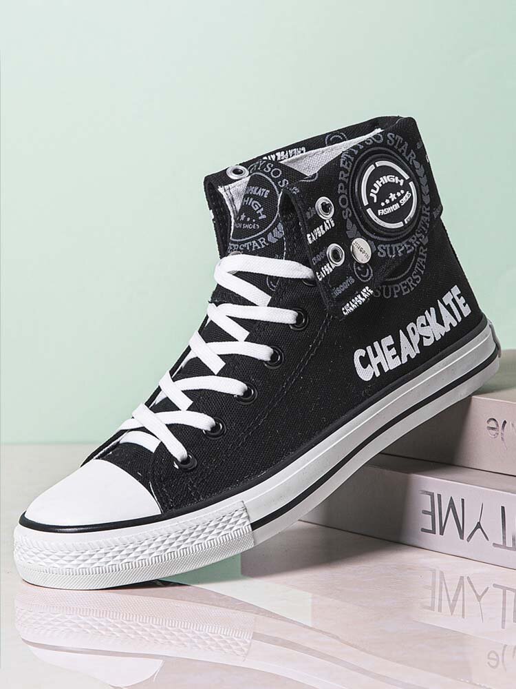 Men Canvas Non Slip Letter Pattern High Top Fold-down Cuff  Skate Shoes