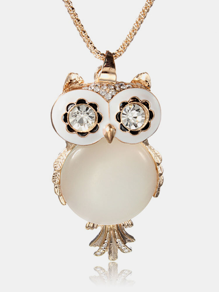Owl Opal Crystal Rhinestone Gemstone Long Charm Necklace for Women