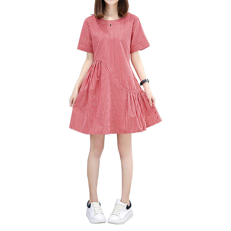 Loose Large Size Thin Cotton Linen Dress Temperament Striped A Word Doll Skirt