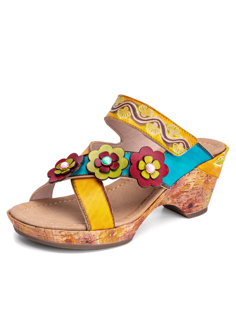 Socofy Casual Leather Floral Woodgrain Backless Comfy Chunky Heel Sandals