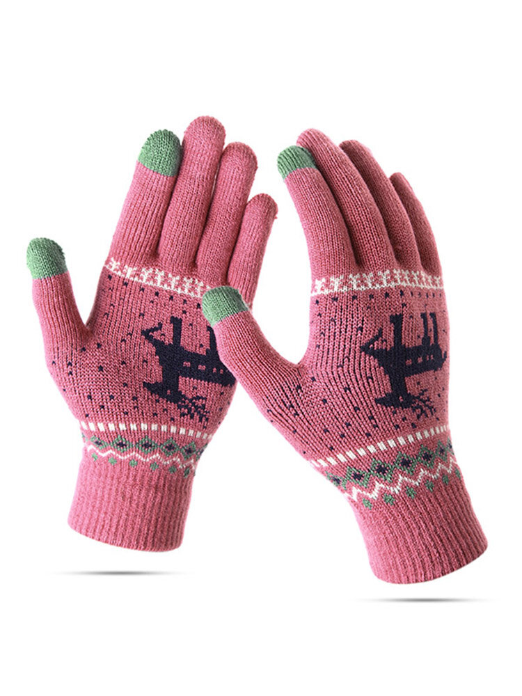 Women Girls Winter Knitted Crocheted Full Finger Gloves Mittens Touch Screen Deer Printing Gloves