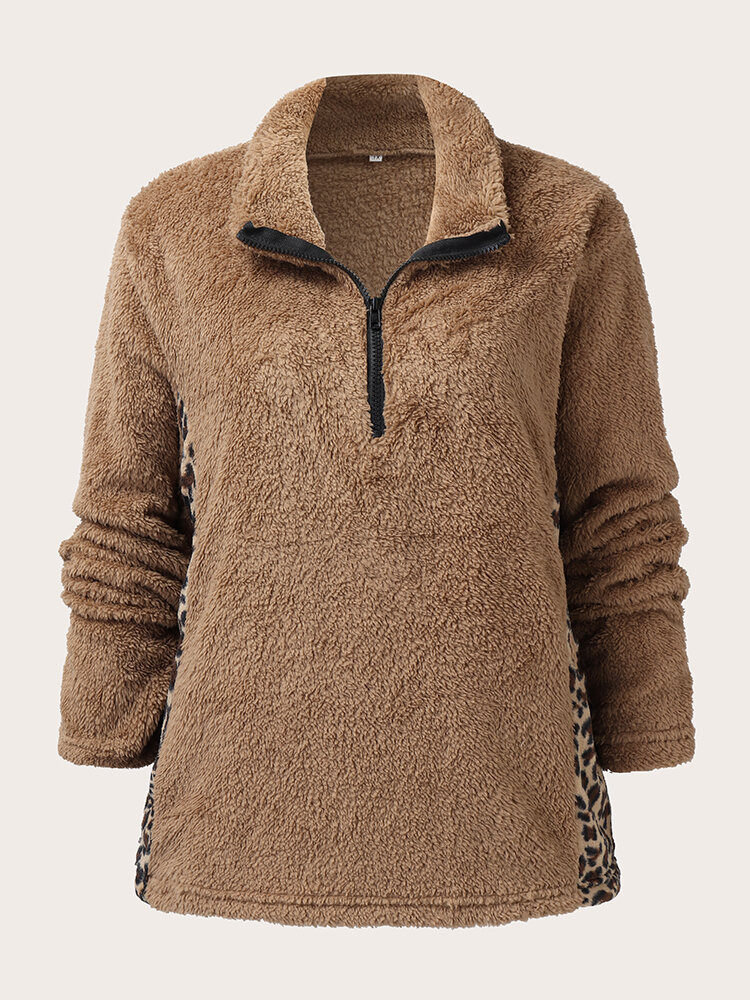 Plus Size Fluffy Leopard Print Patchwork Zip Front Sweatshirt
