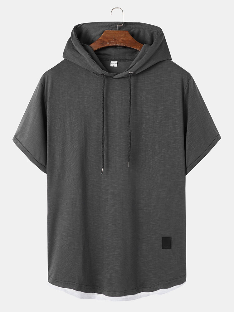 Mens Hooded Contrasting Colors Trim Short Sleeve Casual T-Shirt