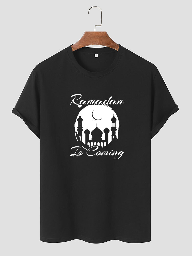 

Men 100% Cotton Ramadan Print Crew Neck Hem Cuff Soft T-Shirt, Black