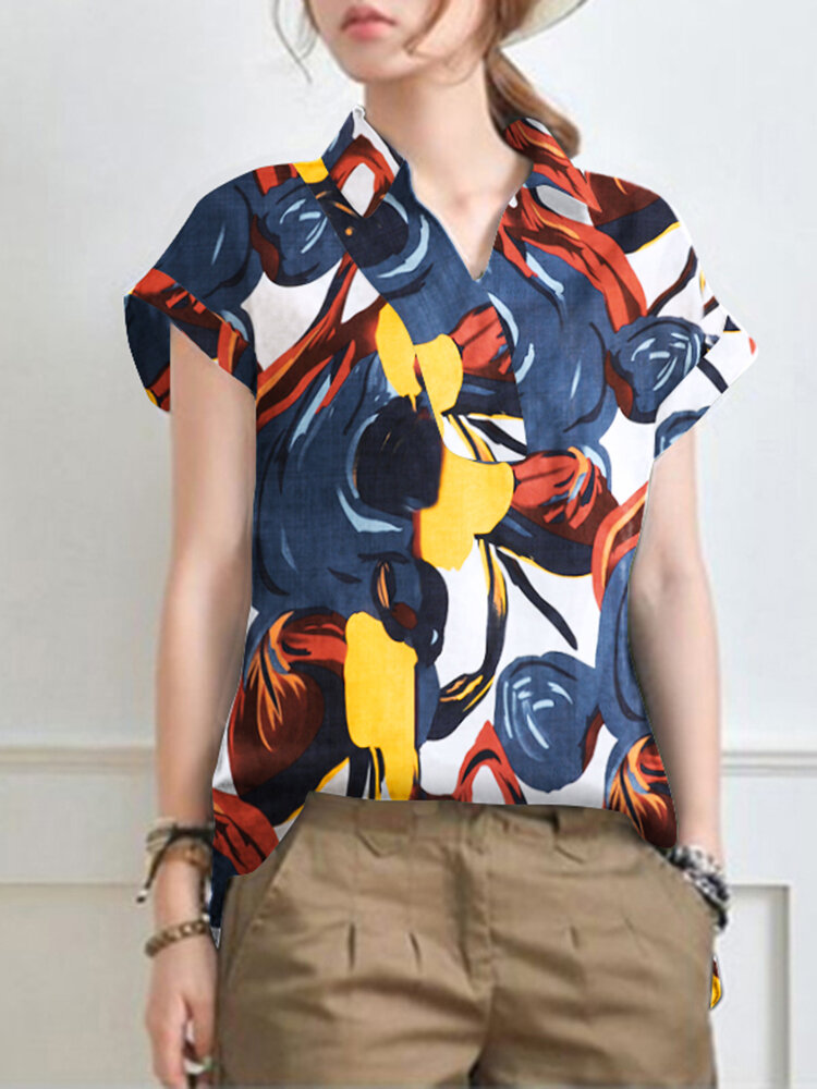Abstract Pattern Floral Print Short Sleeve Lapel Blouse