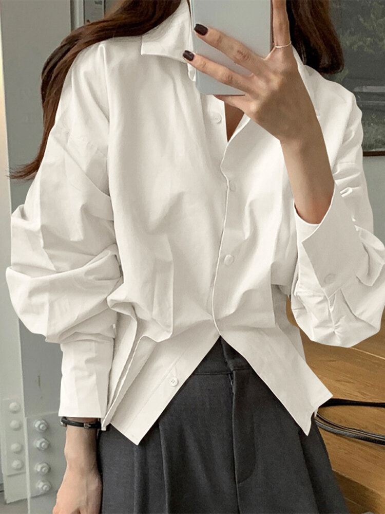 Solid Puff Long Sleeve Lapel Button Down Shirt For Women