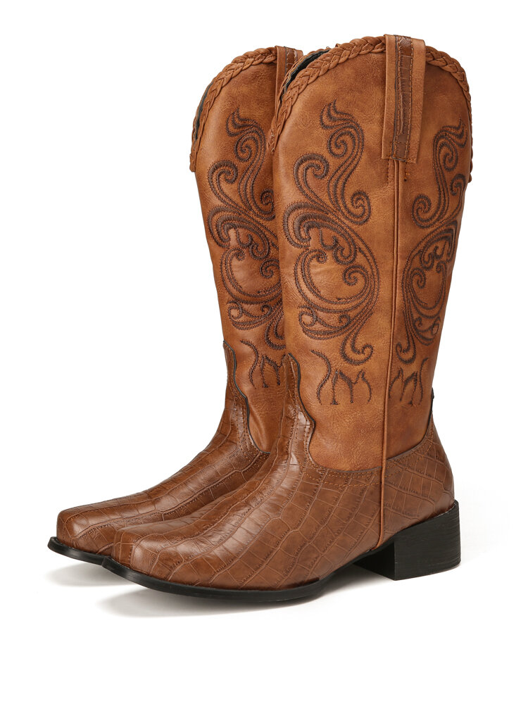 

Plus Size Women Embroidered Splicing Chunky Heel Mid Calf Cowboy Boots, Black;brown;khaki