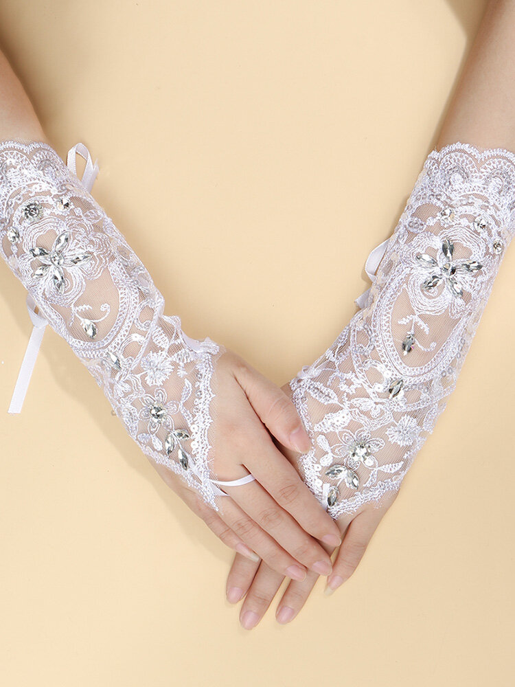 Women Dacron White Lace Flowers With Rhinestone Bandage Mid-length Decorative Fingerless Gloves