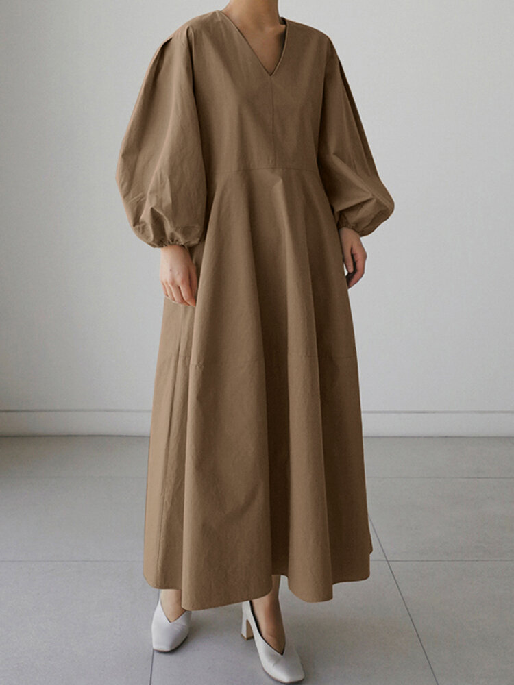 Casual V-neck Puff Sleeve Solid Color Pleated Midi Dress