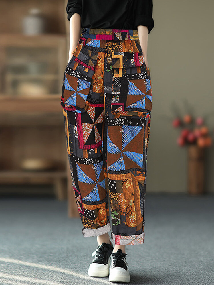Bohemian Ethnic Pattern Print Plus Size Harem Pants with Pockets