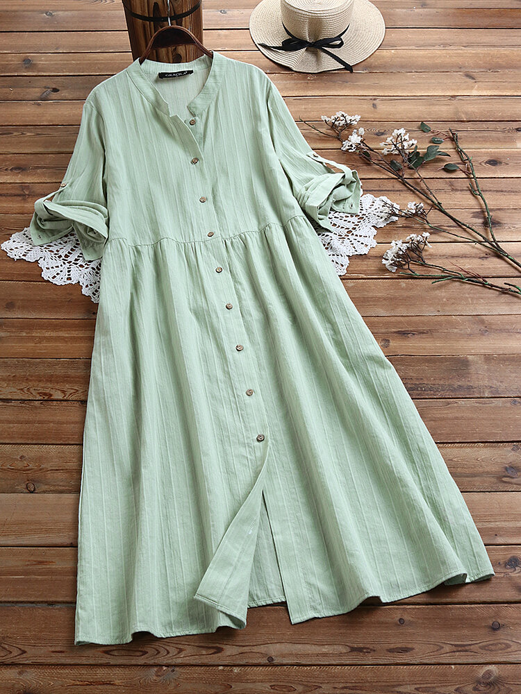 Casual Solid Color Pleated Button Bracelet Sleeve Stand Collar Midi Dress