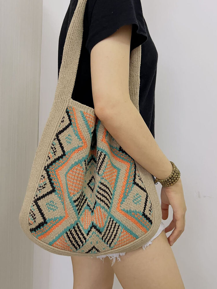 

ChArmkpR Women's Knit Cutout Ethnic Lightweight Casual Handbag Shoulder Bag, Khaki
