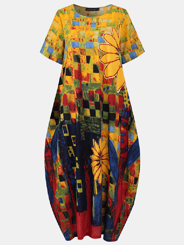Цветочный принт с коротким рукавом Plus Размер Midi Loose Платье для Женское