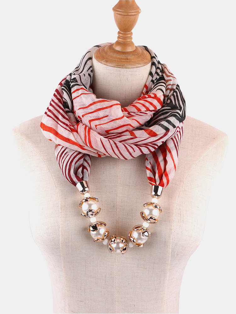 Vintage Artificial Pearls Beaded Pendant Stripe Print Slub Cotton Scarf Necklace