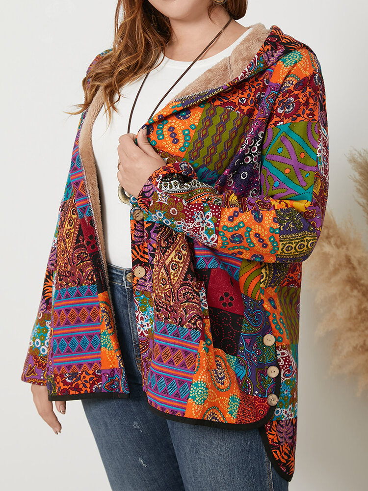 Plus Size Ethnic Pattern Patchwork Fluffy Thermal Coat