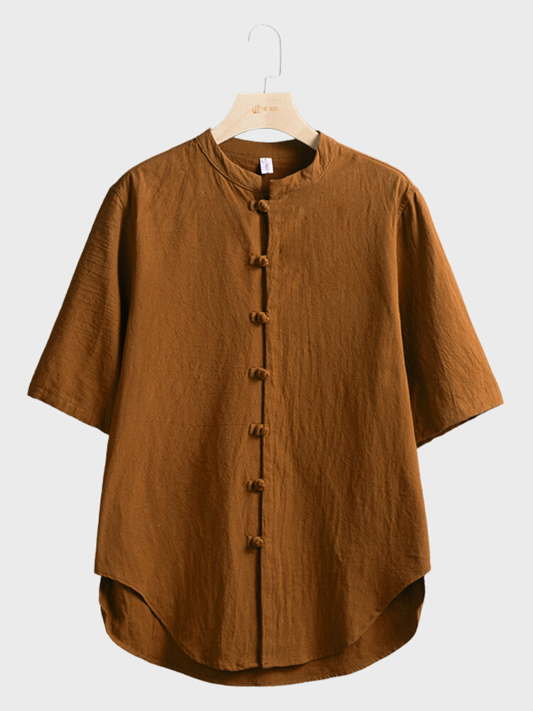 

Mens Solid Asymmetrical Hem Casual Short Sleeve Shirts, Brown
